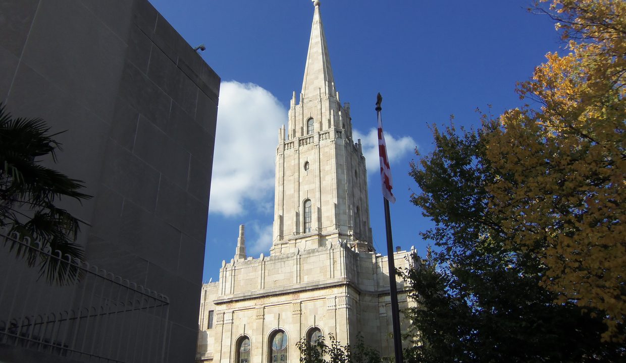 The Washington Chapel at 1610 Columbia Road NW in Washington, D.C., a grey stone church with a tall central tower modeled on the Salt Lake Temple.