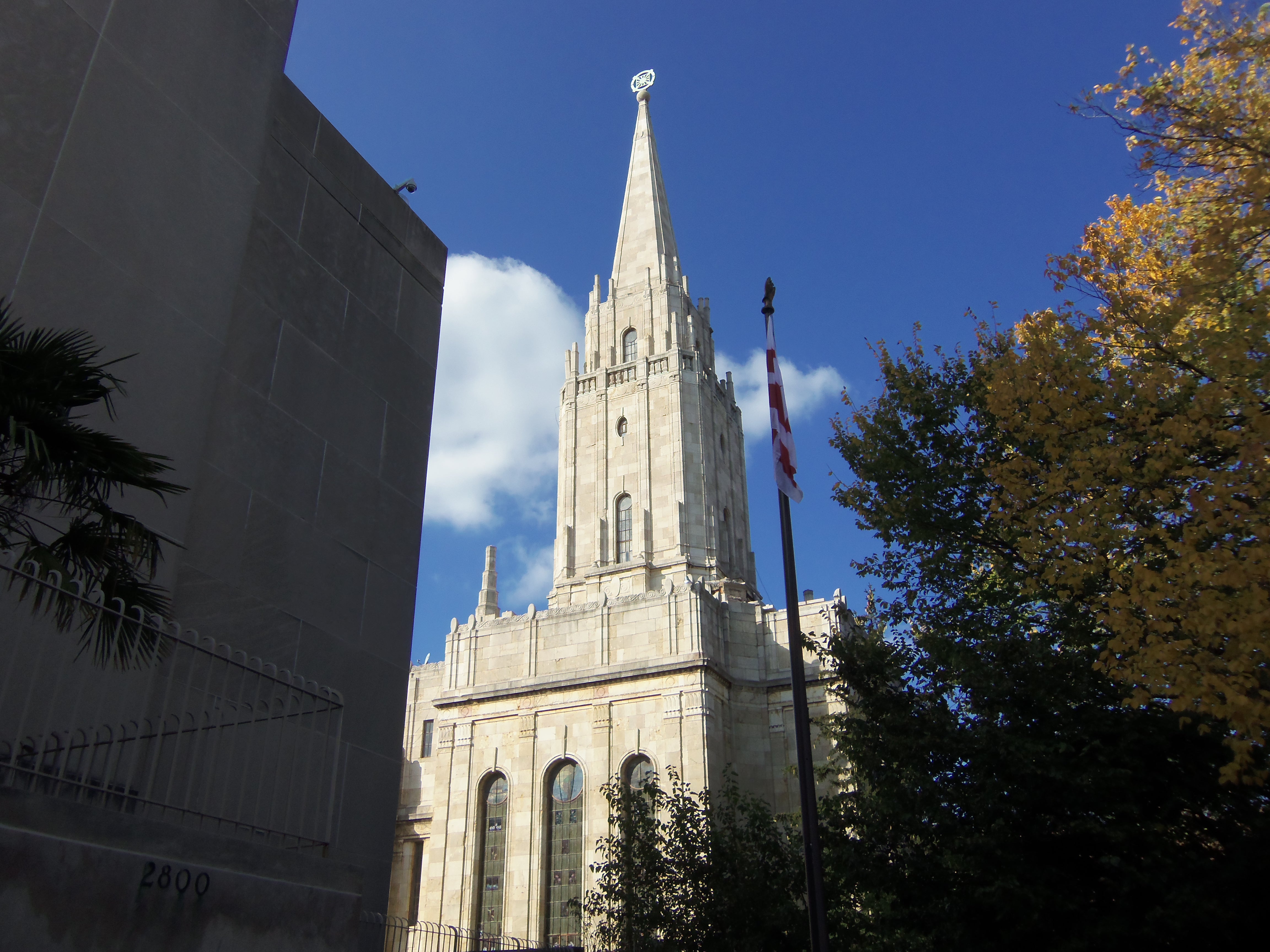 The Washington Chapel at 1610 Columbia Road NW in Washington, D.C., a grey stone church with a tall central tower modeled on the Salt Lake Temple.